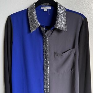 Alberto Makali Blue Black Gray Sequin Long Sleeve Collared Top Blouse Medium